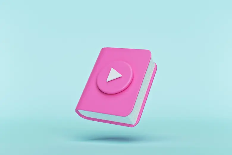 A pink book with a play button on it, representing audiobook narration a type of a besr side hustle.