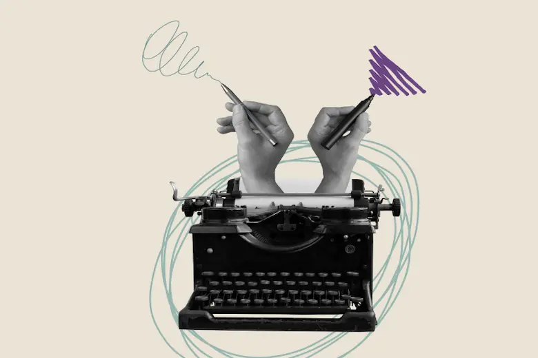 Individual using typewriter with purple arrow in the background shows to become freelance writer