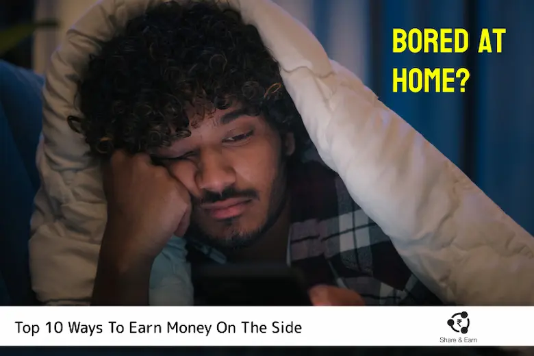 A boy lying on a bed, using a mobile phone to earn money from home with a Share and Earn app