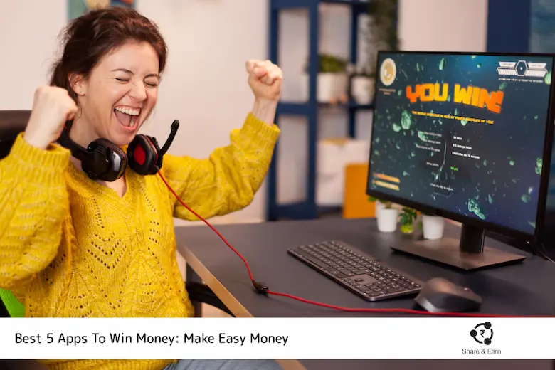 A woman wearing headphones sits at a desk with a screen displaying best 5 apps to win money make easy money