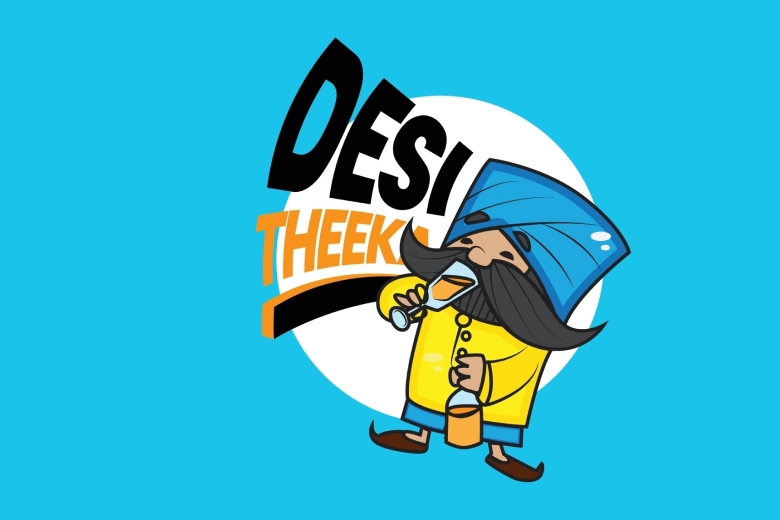  Cartoon character in a blue turban and yellow outfit holding a drink, with "Desi Theeka" text on a blue background.