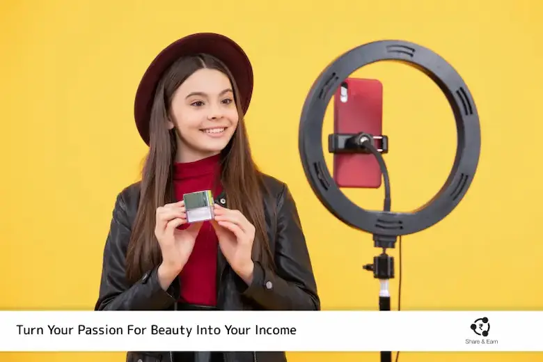 Woman holding a phone and selfie light, preparing for a selfie representing best beauty affiliate programs