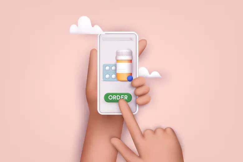 A hand holding a smartphone displaying pills, representing the concept of medicine delivery and pharmacy services by pharmeasy Health Affiliate Programs
