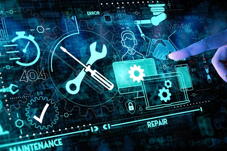 Illustration of maintenance and repair concepts with digital icons such as tools, gears, a checkmark, and error symbols, with a person's hand pointing towards the graphics
