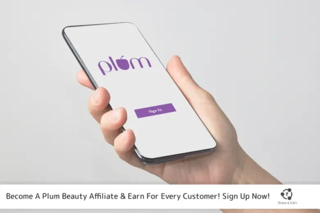 a person holding a phone and its represents plum affiliate program logo