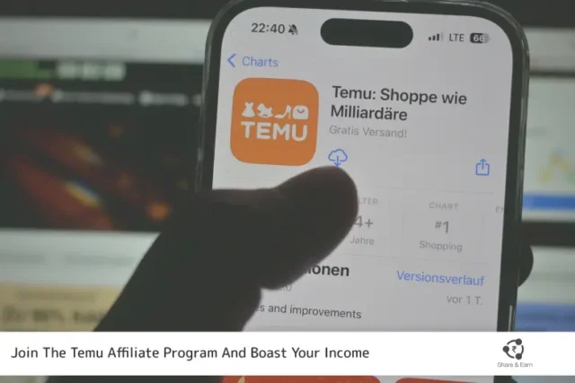 A person is holding a smartphone displaying the Temu app with the title "Temu: Shoppe wie Milliardäre" on the screen. The image promotes joining the Temu affiliate program to increase income, indicated by the text at the bottom.