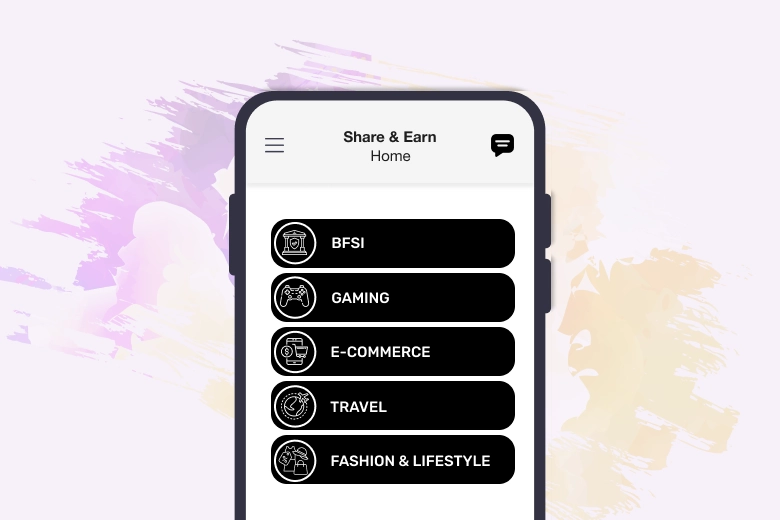 Smartphone displaying an app menu with categories: BFSI, GAMING, E-COMMERCE, TRAVEL, FASHION & LIFESTYLE.